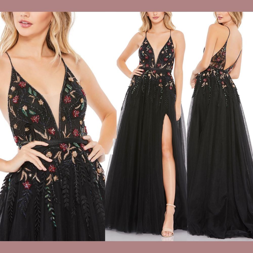 NWT $798 Mac Duggal [ 2 ] Floral Beaded Plunging V-Neck A Line Gown Black #J52‎